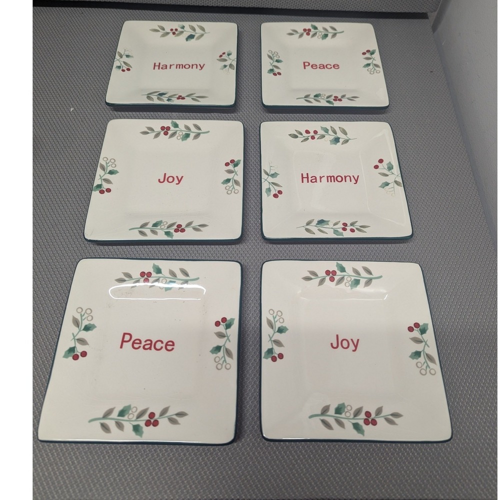 Pfaltzgraff Winterberry Square Appetizer Plates Set of 6 Joy Peace Harmony